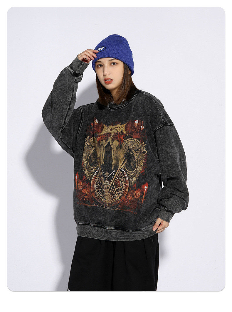High Street Round Neck Sweater Mens Tide Brand Retro Wash Old Dark Print Loose