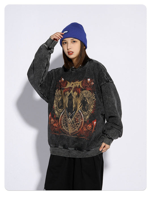 High Street Round Neck Sweater Mens Tide Brand Retro Wash Old Dark Print Loose
